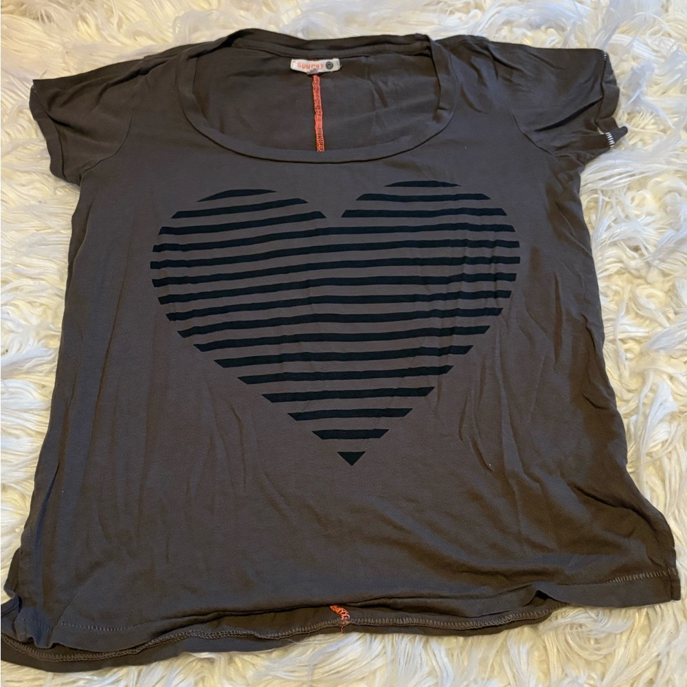 Sundry Gray Striped Heart Graphic Tee Shirt Size 0 XS